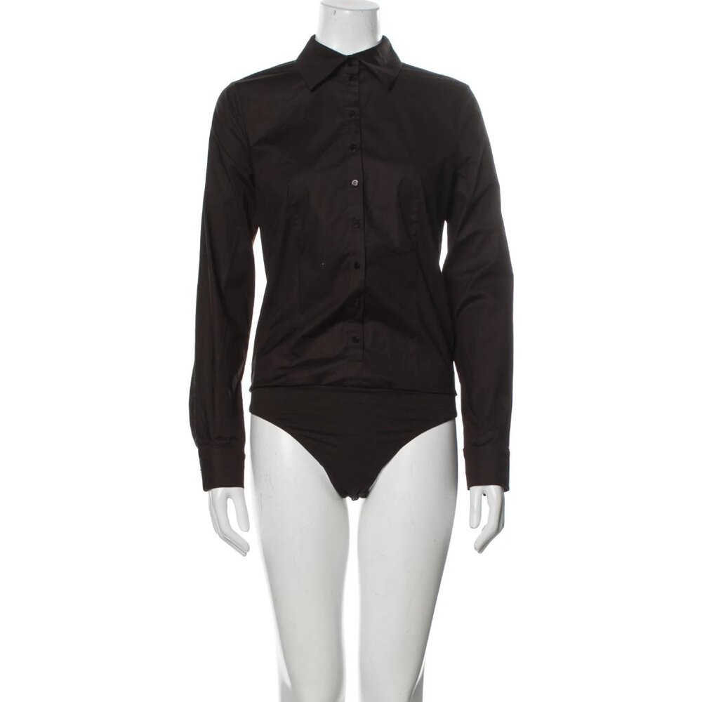 Wolford Brown Long Sleeve Button Down Shirt Bodysuit Size 6